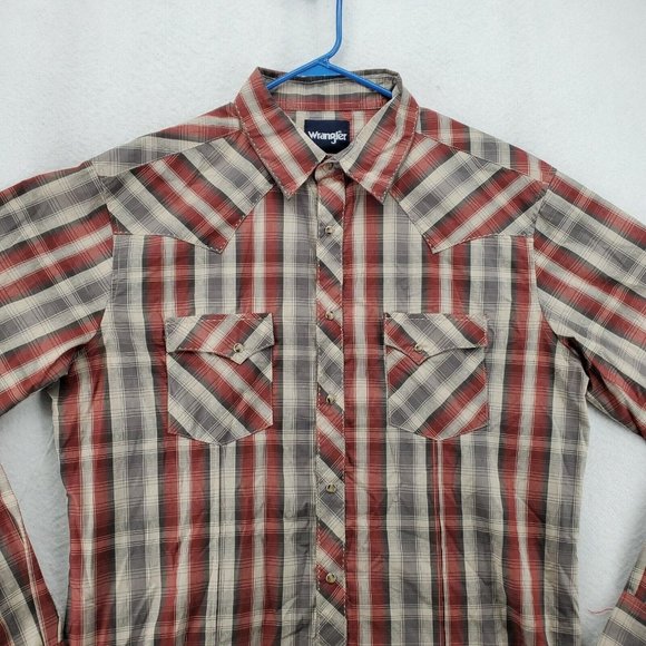 Wrangler Shirt Men's Long Sleeve Pearl Snap Up Plaid Spread Collar Brown XL - Picture 7 of 11